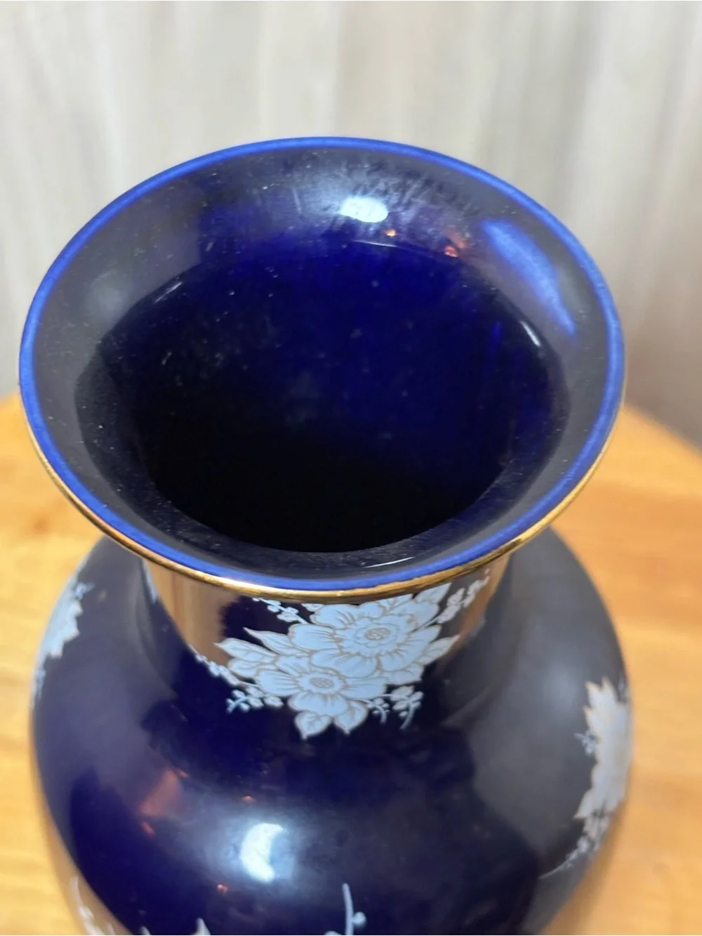 Cobalt Blue Porcelain Vase with Light Blue Floral Enamel and Gold Rim Detail